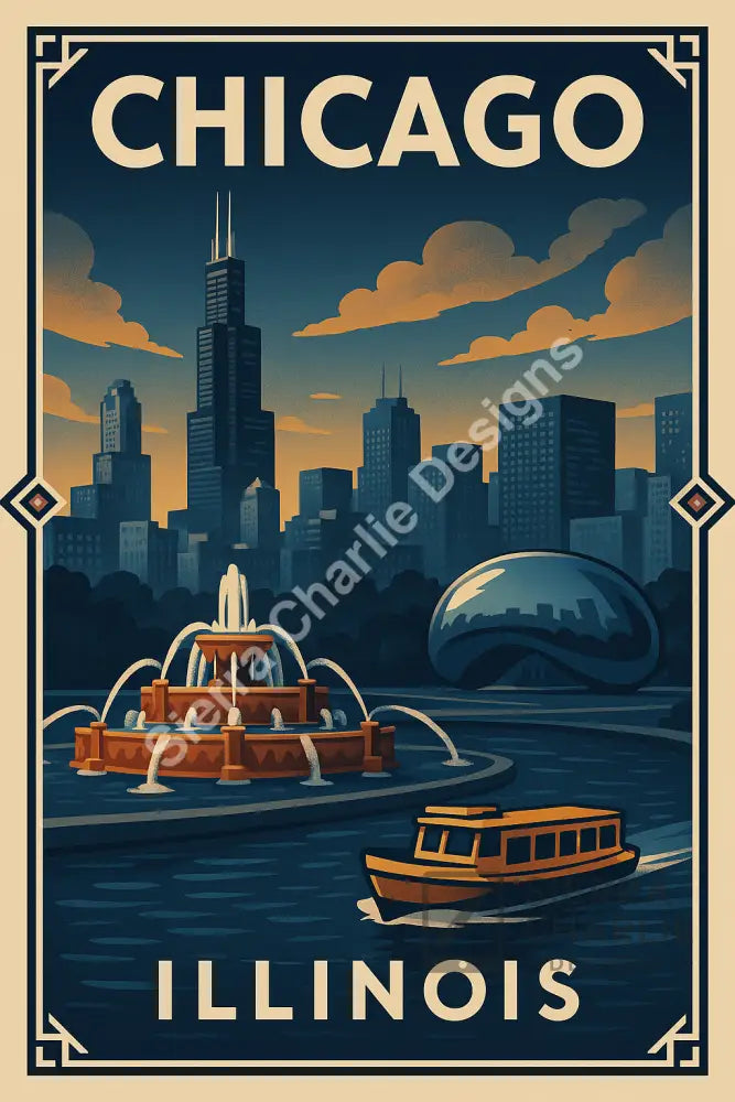 Chicago Illinois Art Deco Travel Poster Print