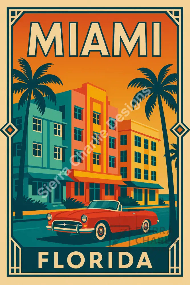 Miami Florida Art Deco Travel Poster Print Print
