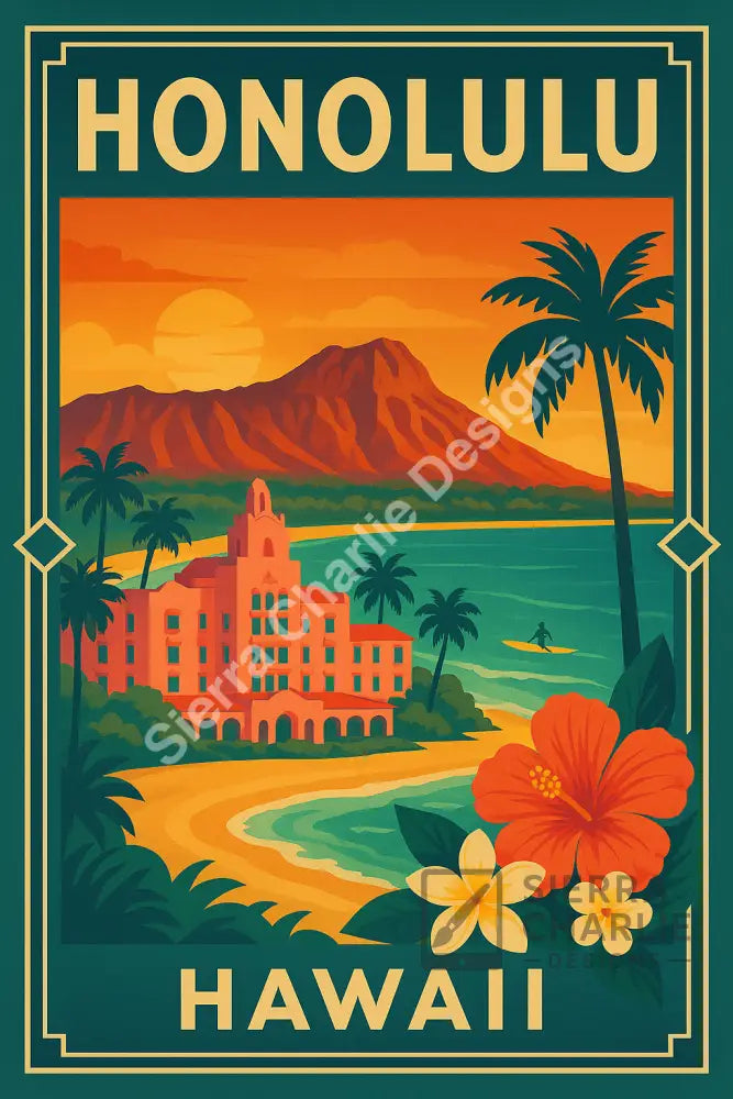 Honolulu Hawaii Art Deco Travel Poster Print Print