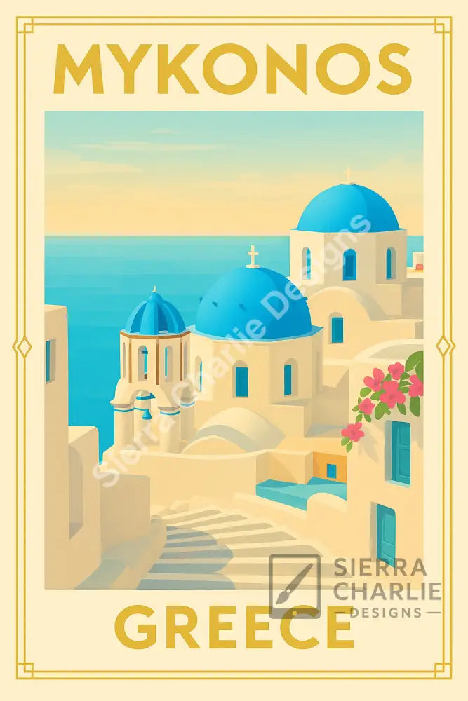 Mykonos Greece Art Deco Travel Poster Print Print
